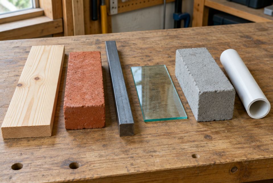 A wood board, a red brick, a steel bar, a sheet of glass, a concrete block and a white plastic pipe side by side on a workbench.