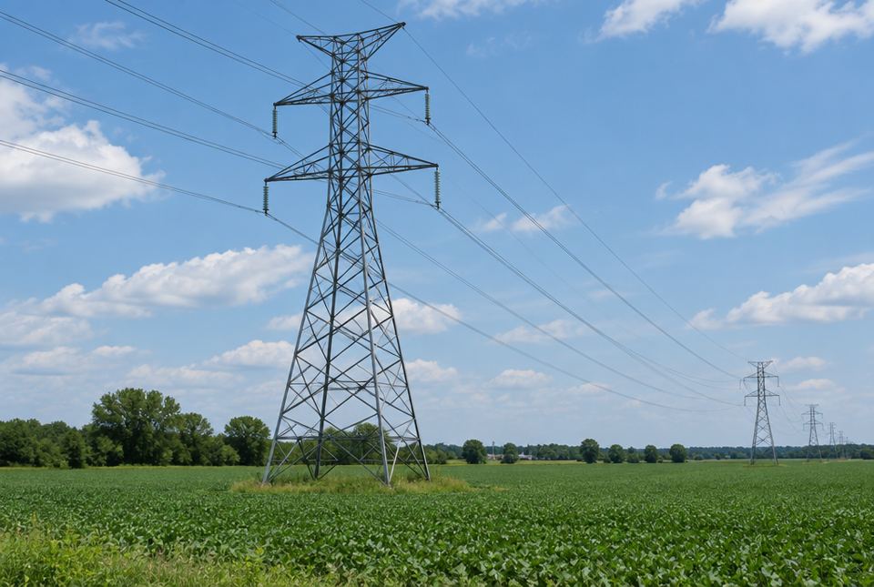 A tall steel hydro tower with many triangular braces, carrying power lines across a green farm field.
