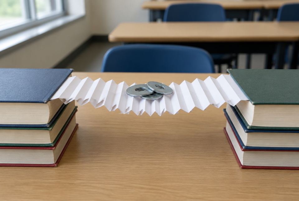 A folded accordion-style paper bridge spanning the gap between two stacks of books, with metal washers resting on its middle.