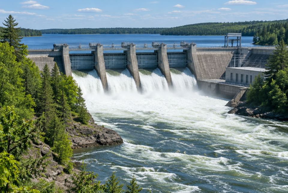 Water rushing through the gates of a concrete hydroelectric dam on a forested river.