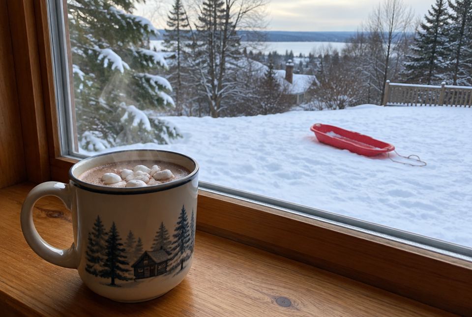 A steaming mug of hot chocolate on a windowsill, with a red toboggan in the snow outside.