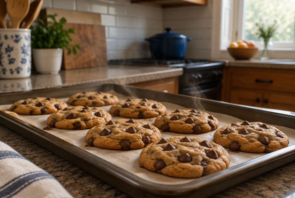 A tray of freshly baked chocolate chip cookies on a kitchen counter with faint steam rising.