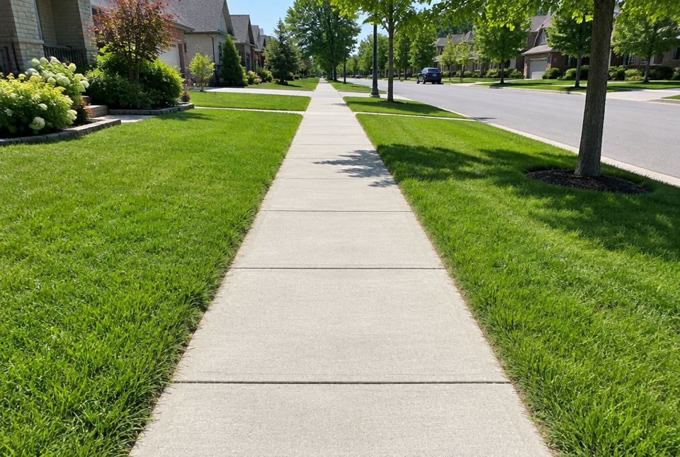 A straight concrete sidewalk in a neighbourhood with lines cut across it at regular spaces.