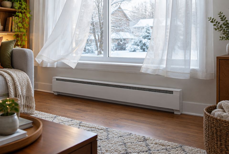 A white baseboard heater under a window in a living room, with light curtains above it.