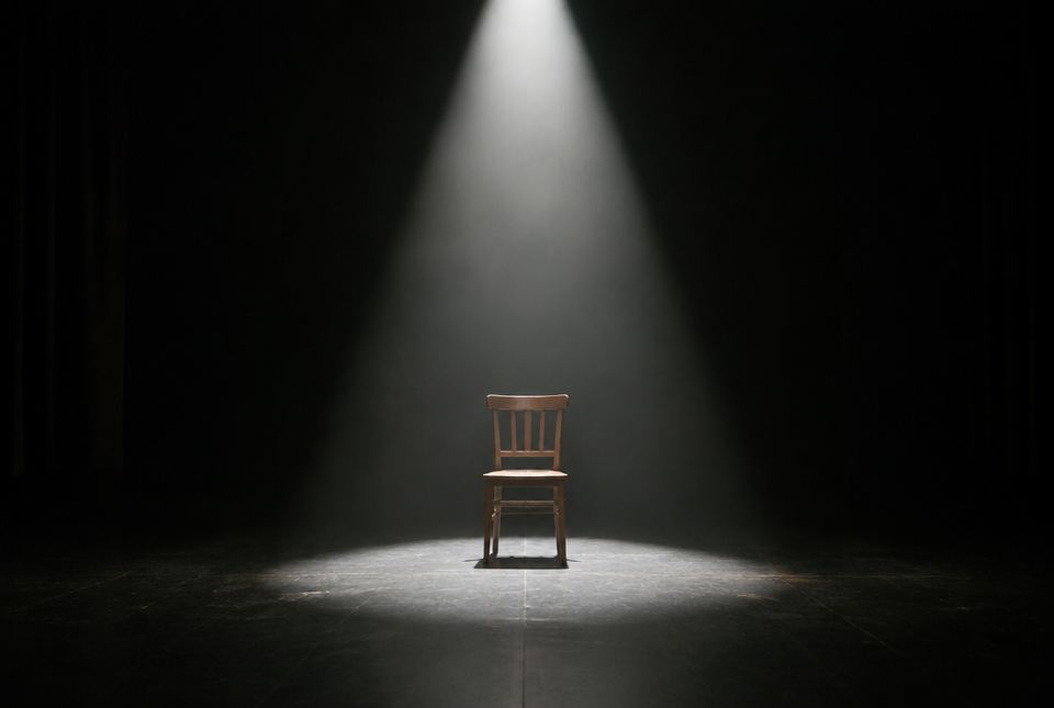 A single wooden chair lit by one bright spotlight on a dark stage.