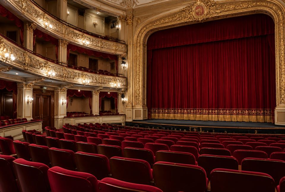 An empty restored theatre with red velvet seats, gold-decorated balconies and a closed red curtain.
