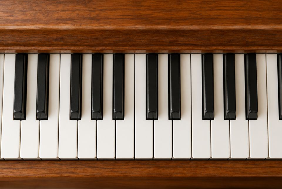 A piano keyboard seen from above with white keys and black keys in groups of two and three.