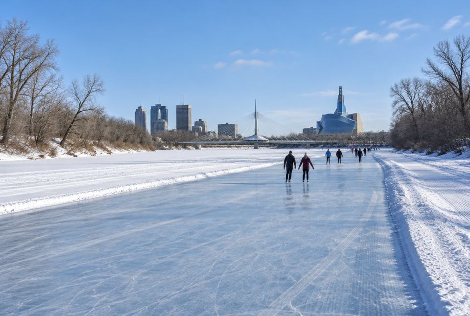 A long skating trail on the frozen Red River in Winnipeg, with a few skaters and the city skyline beyond.