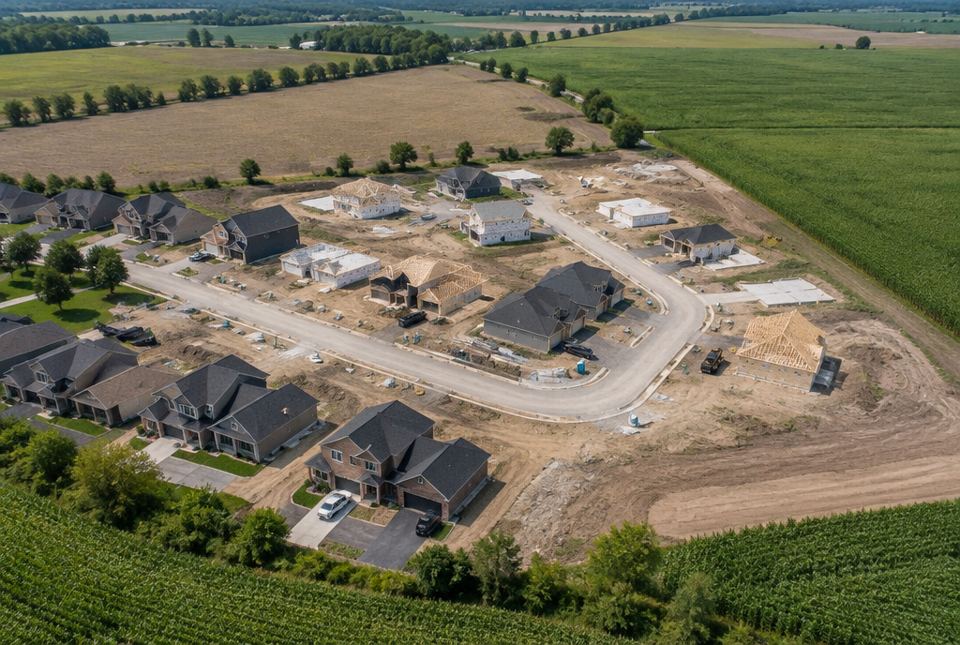 An aerial view of a new subdivision with houses under construction at the edge of farm fields.