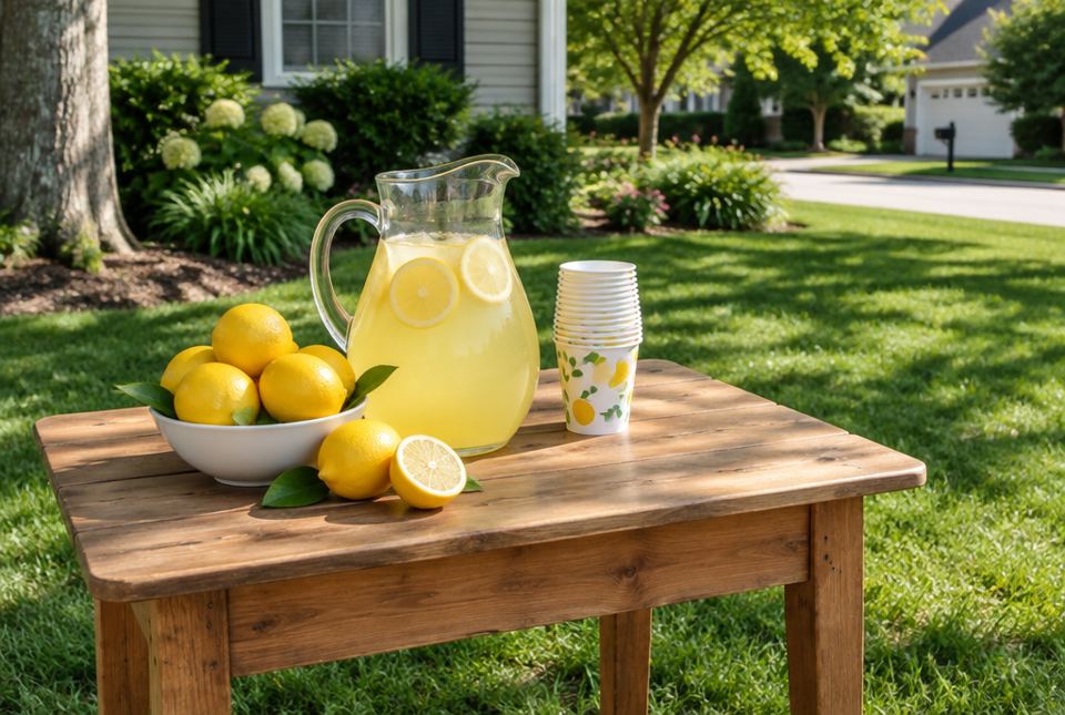 A wooden table on a lawn with a pitcher of lemonade, a bowl of lemons and a stack of paper cups.