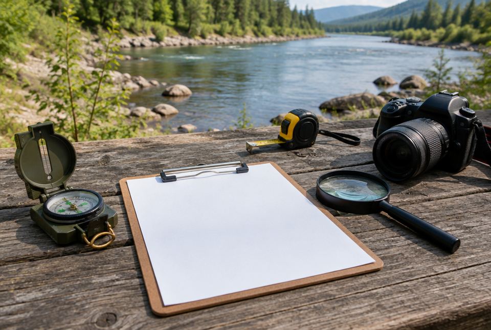A compass, a clipboard, a measuring tape, a magnifying glass and a camera on a wooden table beside a river.