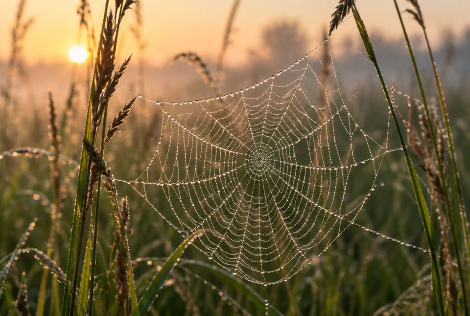 A spider web covered in dew drops between tall grass stems at sunrise.