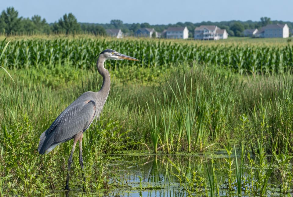 A great blue heron standing in a wetland next to a cornfield, with houses at the far edge of the field.