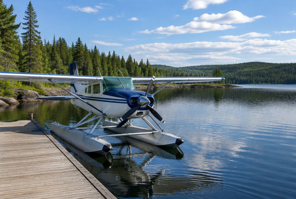 A small floatplane tied to a wooden dock on a calm lake surrounded by spruce forest.