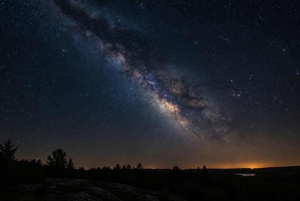 The Milky Way in a starry night sky over dark forest, with an orange glow of city lights on the horizon.