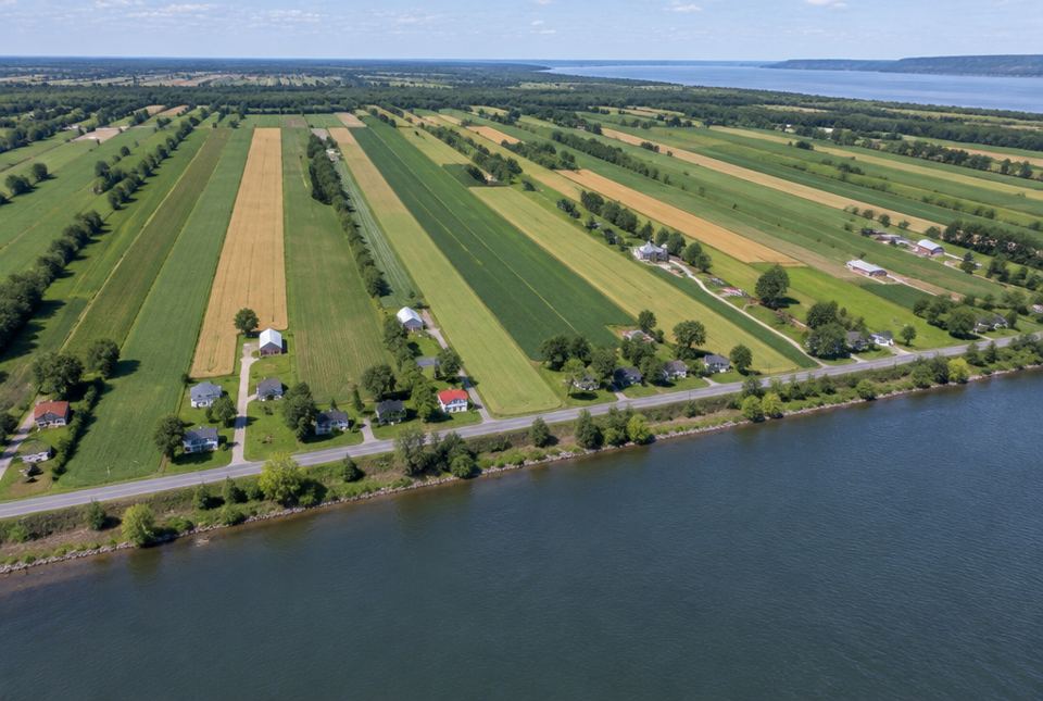 An aerial view of long, narrow farm fields running back from a wide river, with farmhouses lined up along a road beside the water.