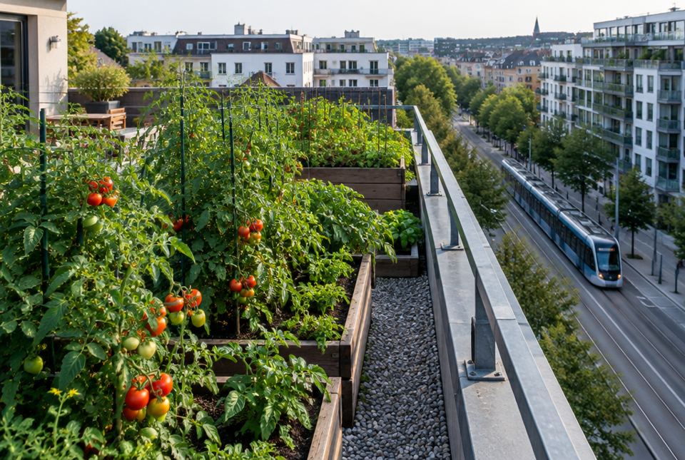 A rooftop vegetable garden with tomato plants in raised beds, with a tram passing on the street below.