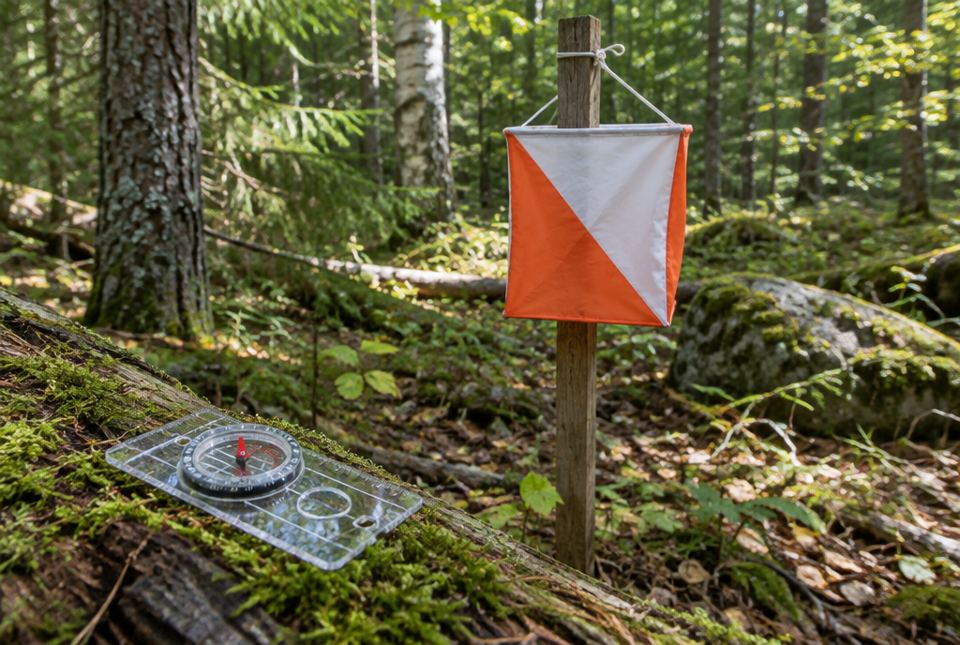 An orange-and-white orienteering control flag hanging from a wooden post in a forest, with a clear baseplate compass lying on a mossy log.