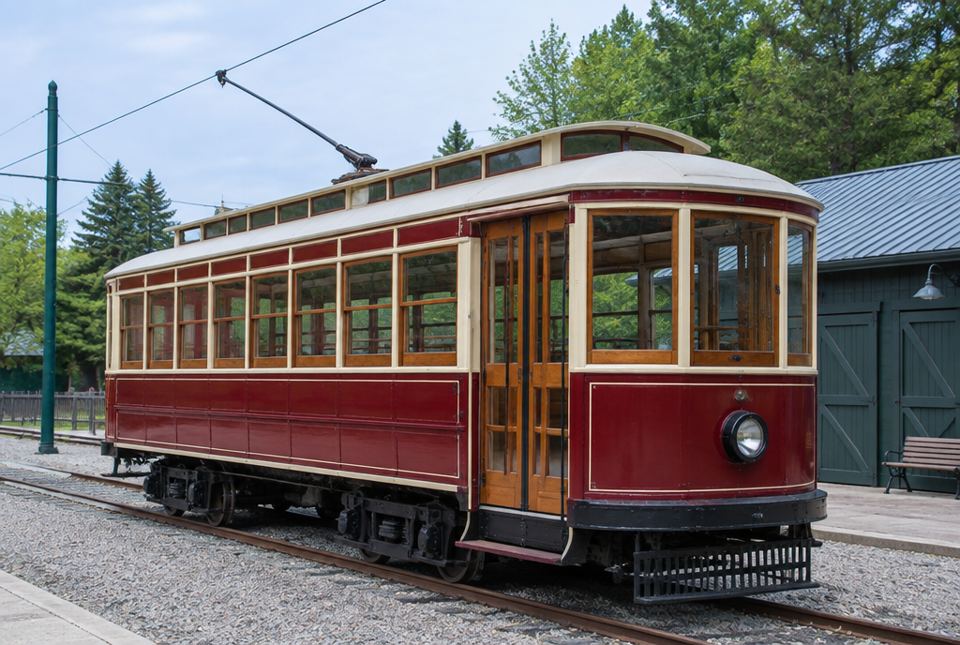 A restored dark red and cream wooden streetcar with a trolley pole touching an overhead wire, on tracks at a museum.