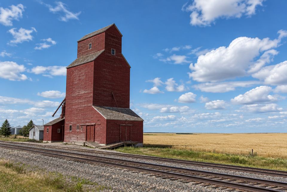 A tall red wooden grain elevator standing beside railway tracks, with a golden wheat field stretching to the horizon under a blue sky.