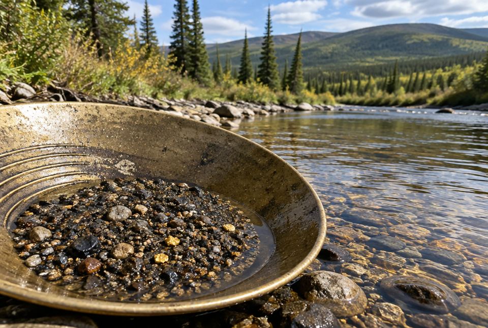 A metal gold pan holding wet gravel with a few small gold flakes, at the edge of a clear creek with spruce trees and hills behind.
