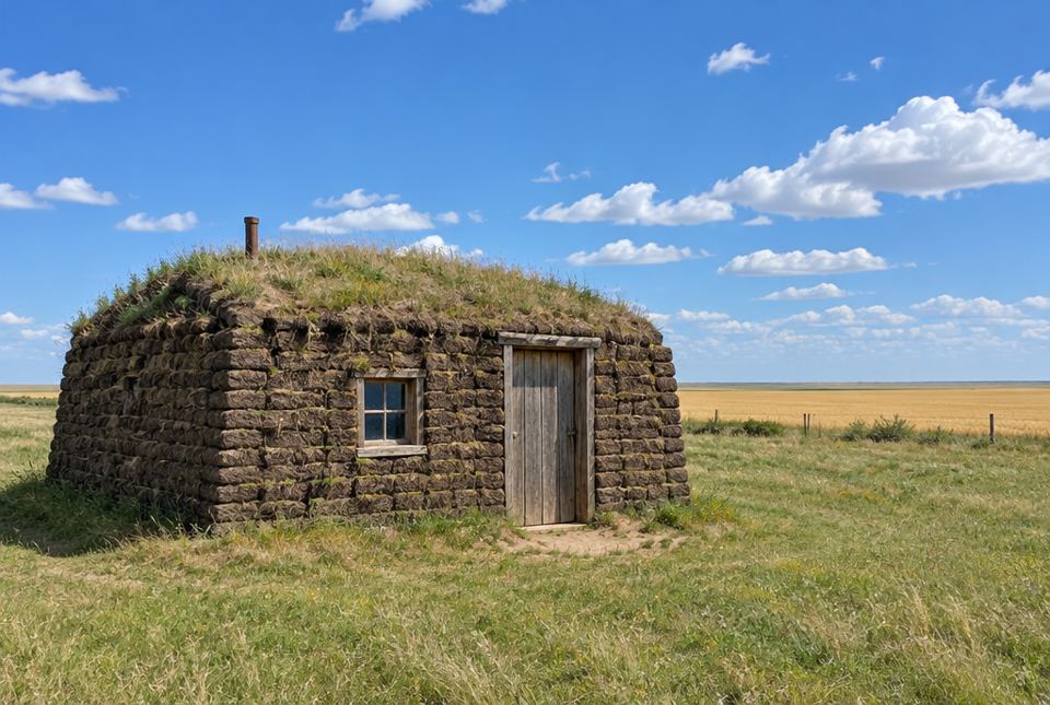 A small house built from stacked blocks of grassy prairie sod, with a wooden door and one window, on open grassland with a wheat field behind.