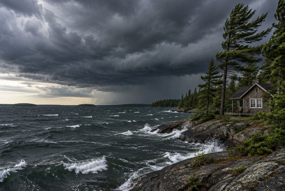 Dark storm clouds rolling over a lake with whitecapped waves crashing on a rocky shore beside a small cottage and windblown pines.