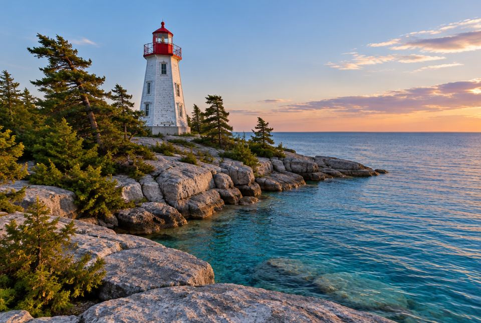 A white lighthouse with a red top on a rocky, tree-covered point beside clear blue lake water at sunset.