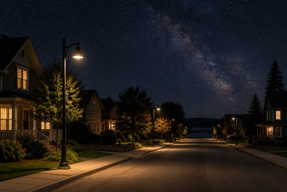 A quiet town street at night with shaded streetlights glowing over the sidewalk and a starry sky with the Milky Way above.