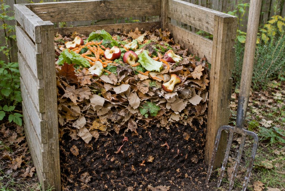 A wooden compost bin holding fruit and vegetable scraps and dry brown leaves on top of dark, crumbly compost, with a garden fork beside it.