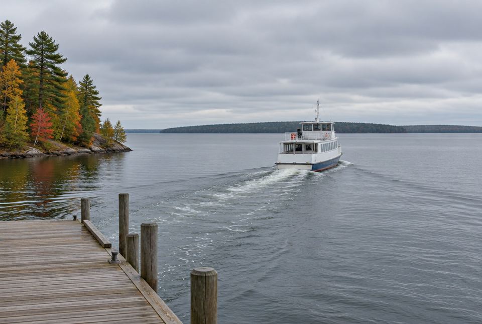 A white passenger ferry leaving a wooden dock on a grey lake, heading toward a low wooded island, with autumn trees on the shore.