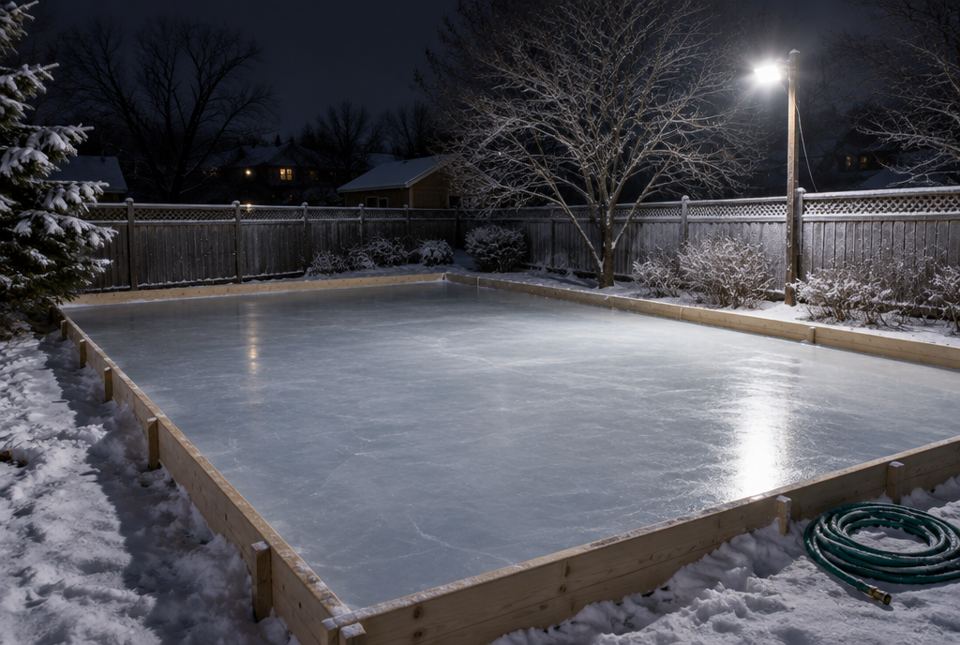 A backyard ice rink at night, lit by a single floodlight, with a garden hose coiled in the snow beside it.