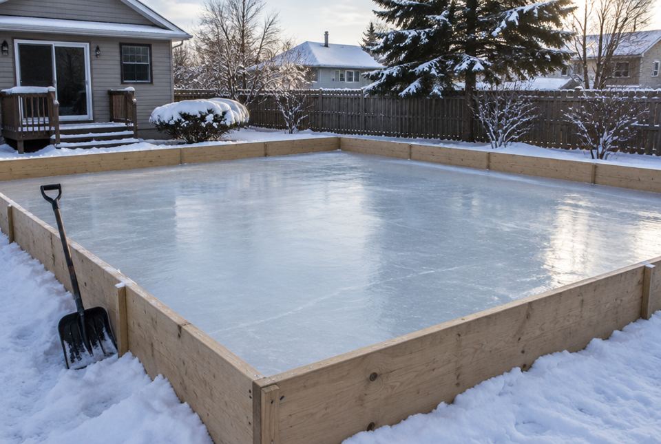 A square backyard ice rink is surrounded by low wooden boards in a snowy yard, with a shovel leaning on one side.
