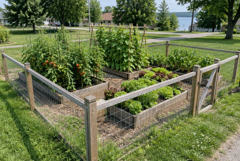 A fenced community garden plot with raised beds of tomatoes, beans and lettuce.