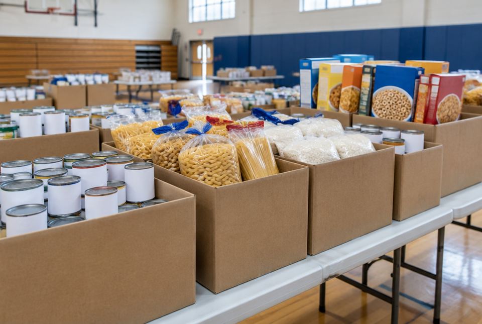 Cardboard boxes of donated cans, pasta, rice and cereal are lined up on tables in a school gym.