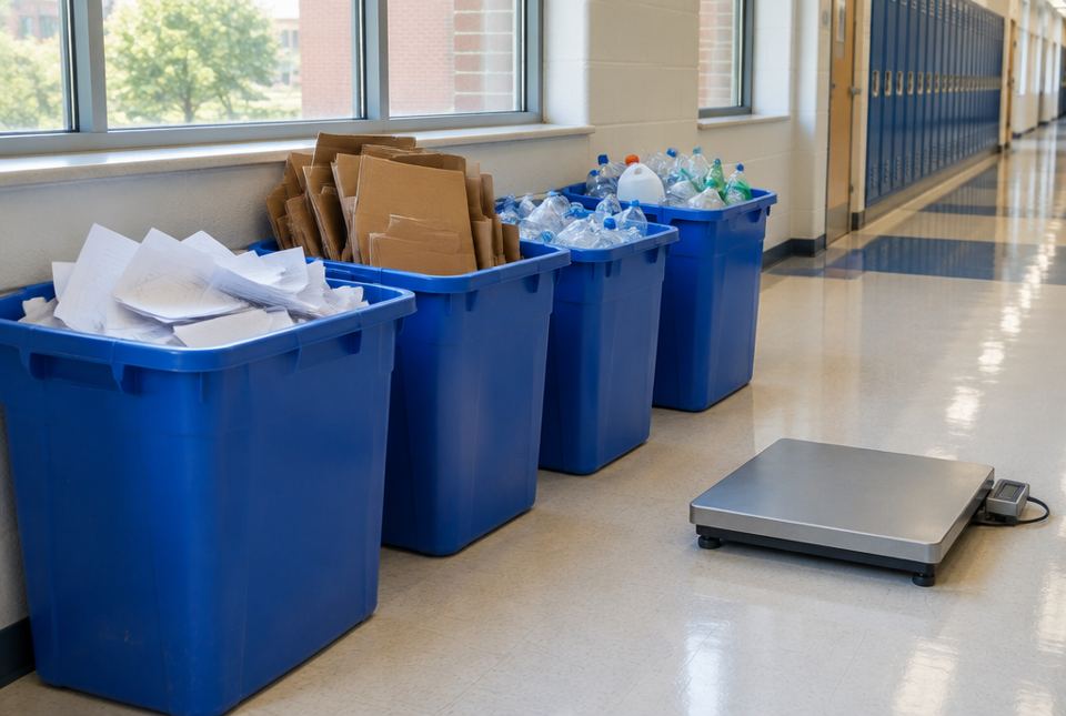 Blue recycling bins full of paper, cardboard and plastic bottles stand in a school hallway next to a flat floor scale.