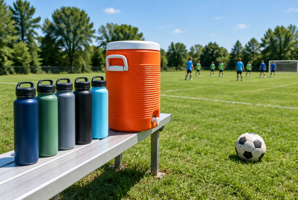 Water bottles and an orange water cooler sit on a bench beside a soccer field on a sunny day, with players practising in the distance.