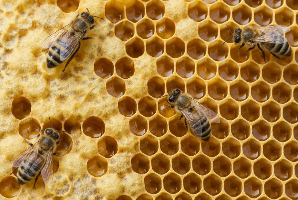 Honeybees standing on a honeycomb made of hexagon-shaped wax cells.