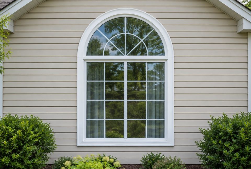 A large window shaped like a rectangle with a half circle on top, with white trim on beige siding.