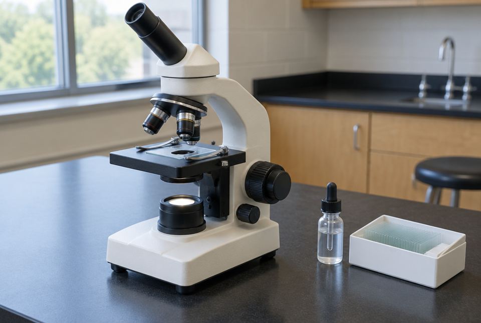 A school compound light microscope on a lab bench, with a dropper bottle and a box of glass slides beside it.