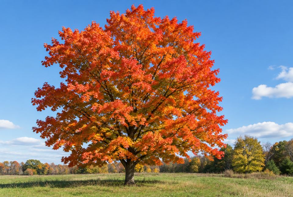 A large sugar maple tree with bright orange and red autumn leaves standing in a grassy field.