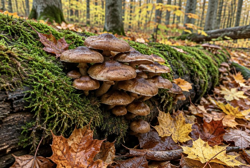 A cluster of brown mushrooms growing on a mossy fallen log among autumn leaves.