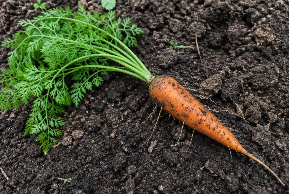 A whole carrot plant pulled from the soil, with an orange root and green feathery leaves.