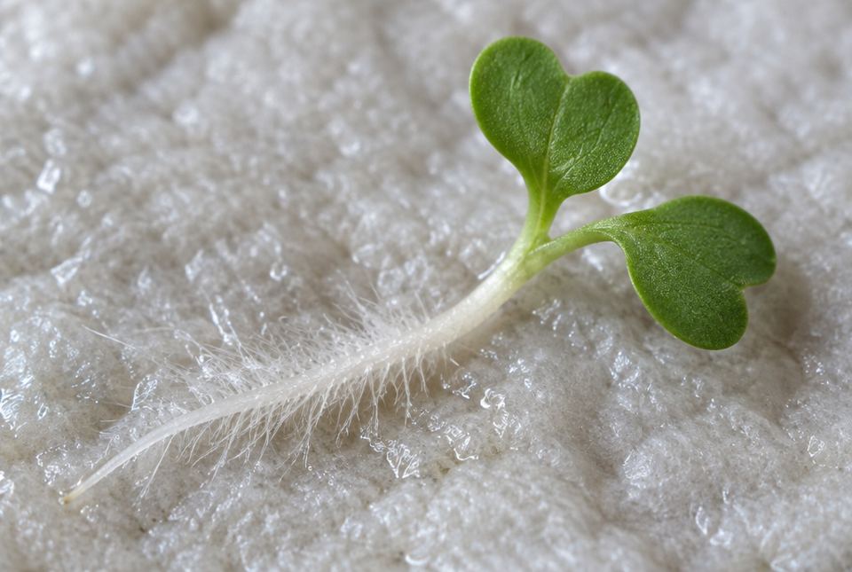 A tiny radish seedling with two green seed leaves and a white root covered in fine fuzzy root hairs.