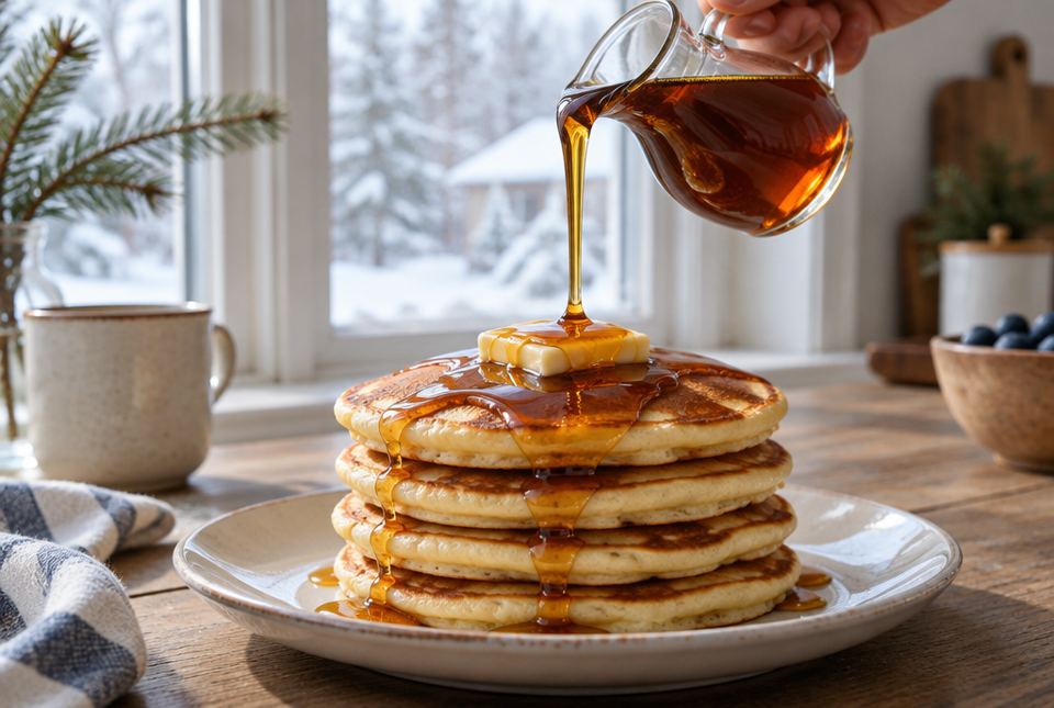 Thick maple syrup being poured slowly from a small glass jug onto a stack of pancakes.