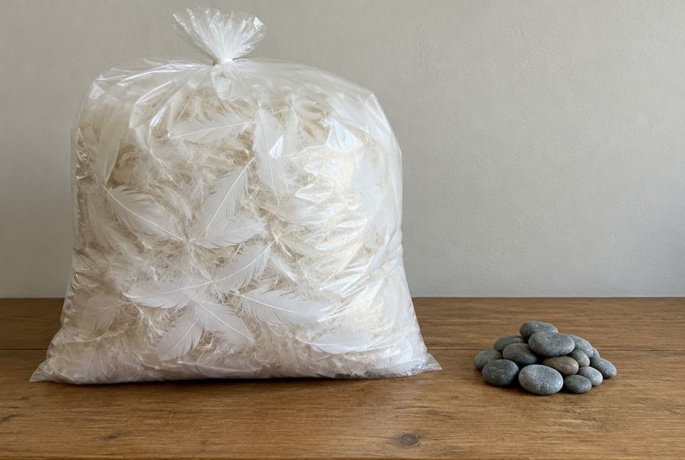 A big clear bag stuffed with white feathers next to a much smaller pile of grey stones on a table.