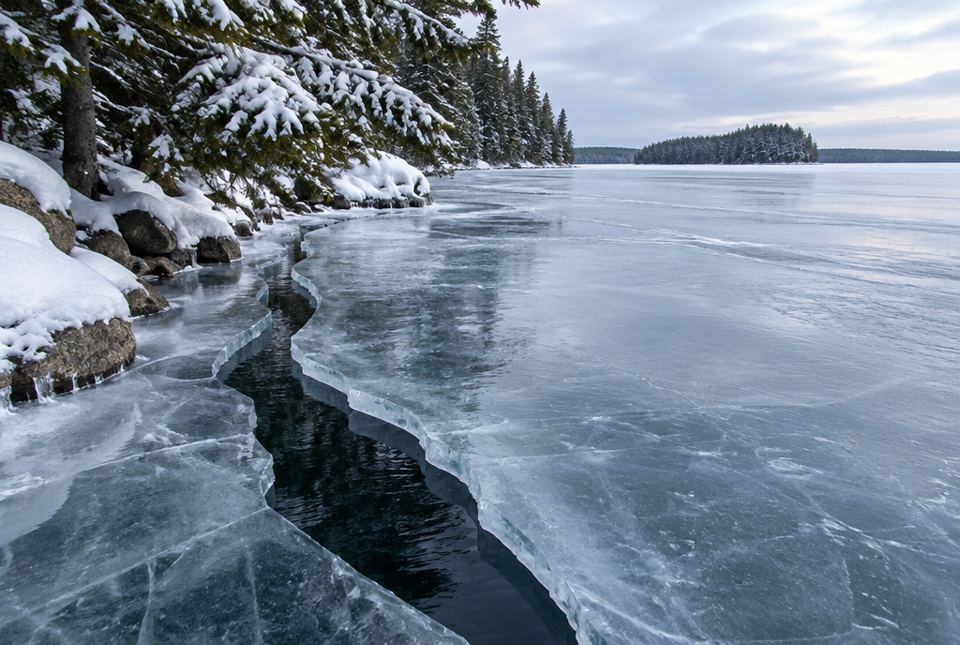 A frozen lake with a crack in the ice near the snowy shore showing dark liquid water underneath.