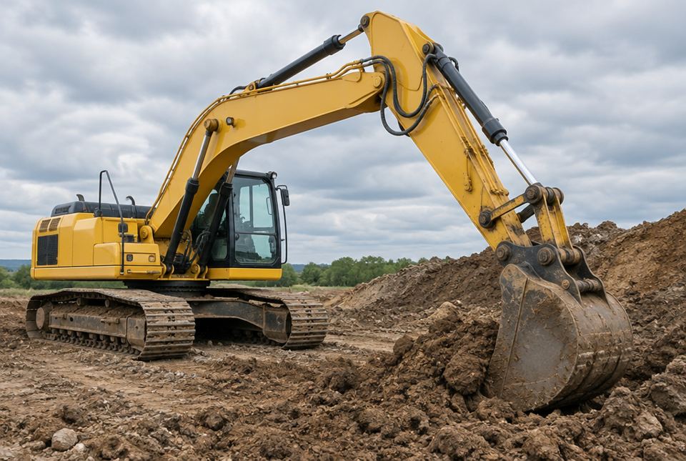 A yellow excavator digging into a pile of earth with its arm and bucket.