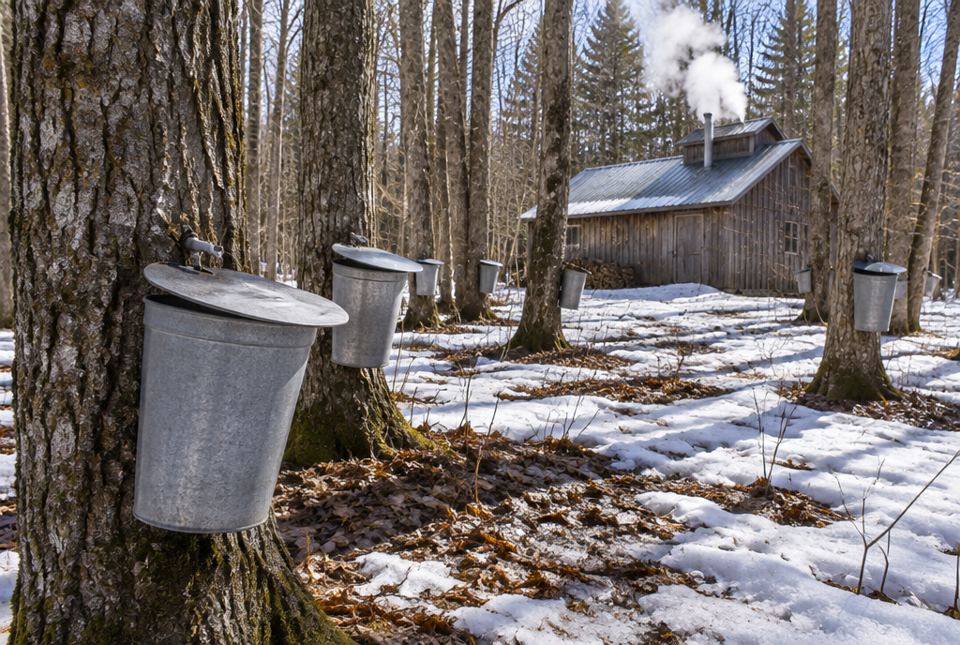 Metal sap buckets hang on maple tree trunks in a snowy spring sugar bush, with steam rising from a wooden sugar shack.