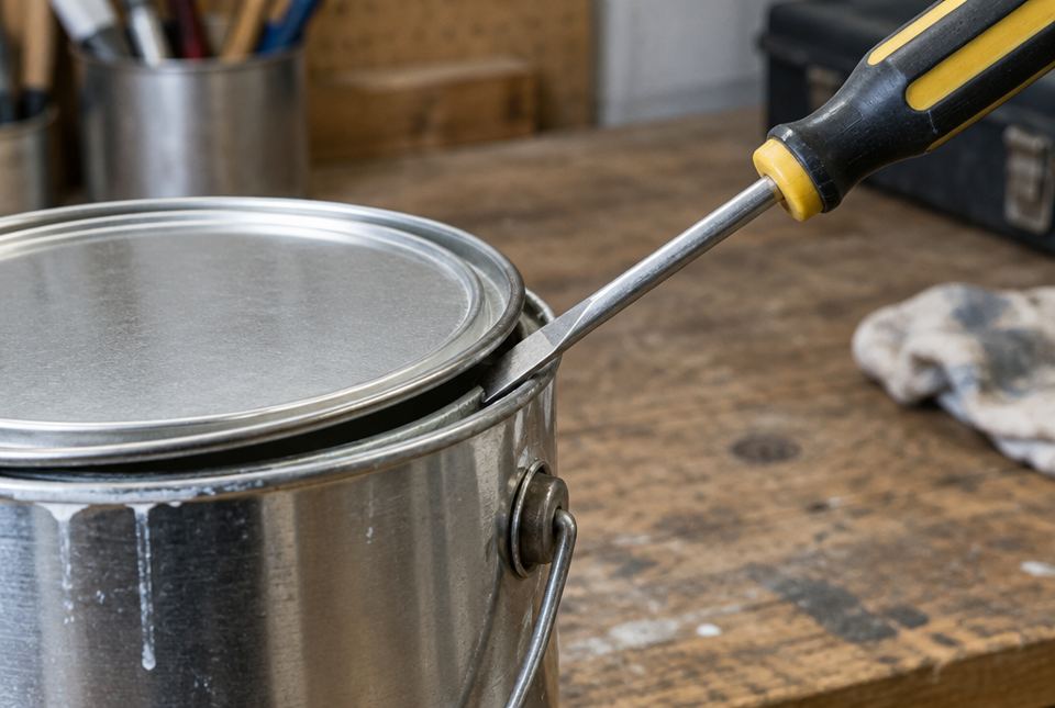 A screwdriver's tip is wedged under the rim of a metal paint can lid on a workbench.